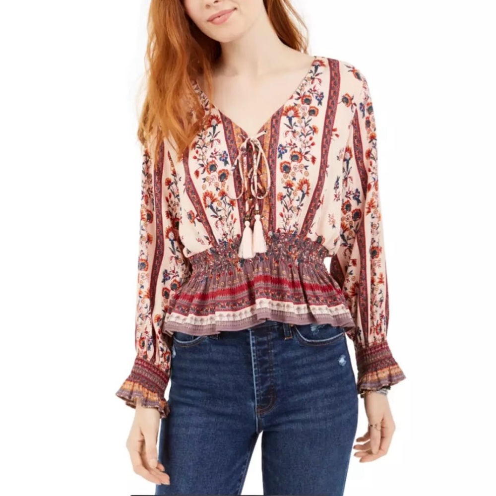 Angie, Bohemian Floral, Tie and Smocked Front top EUC Size XS